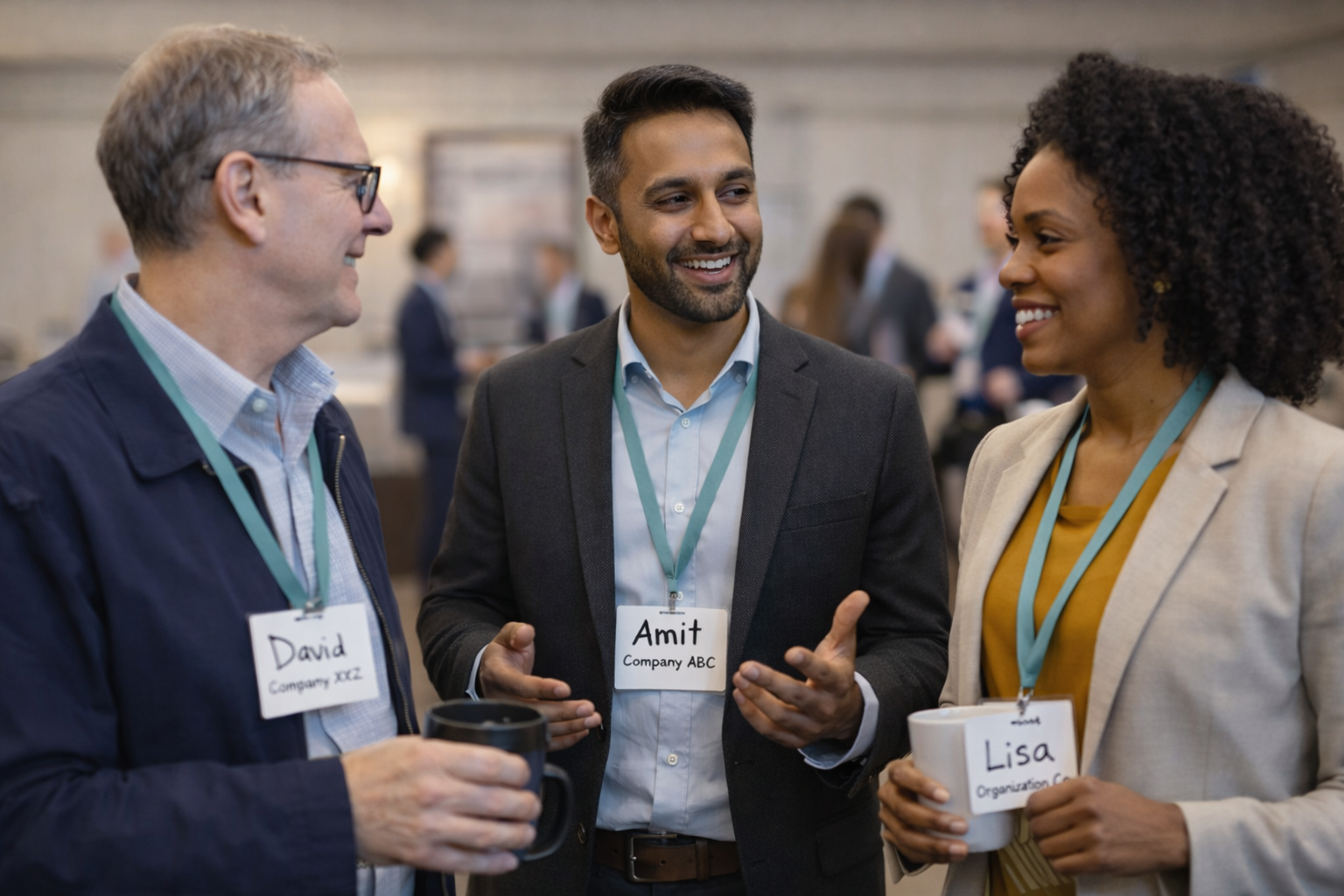 Professionals networking at an event, wearing name badges