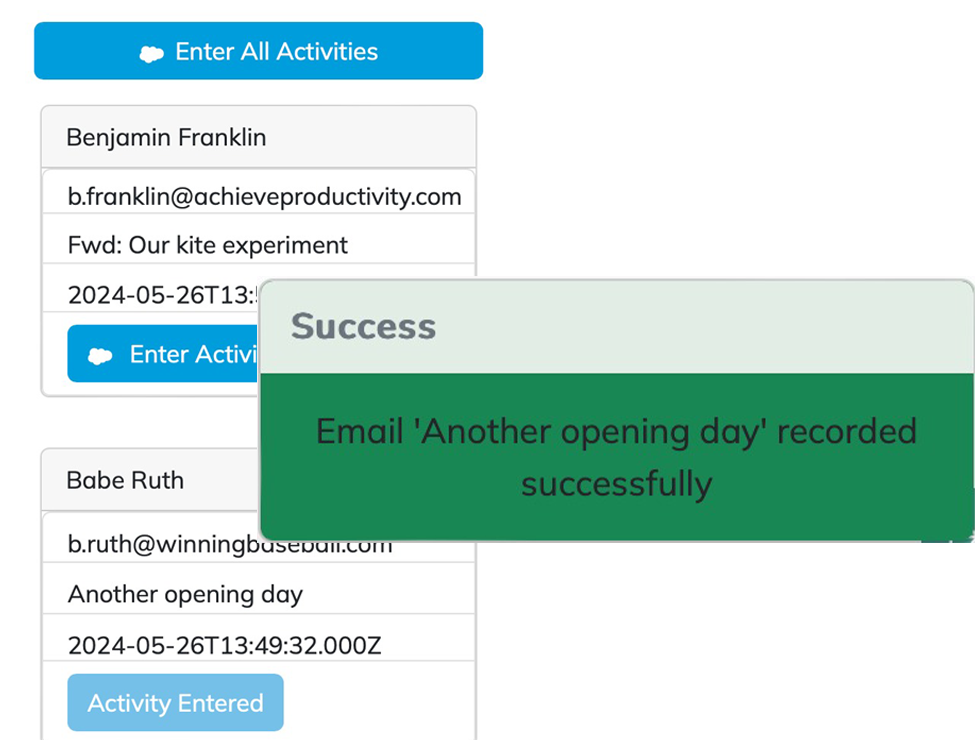 Batch log selected Outlook emails to Salesforce with confirmation message