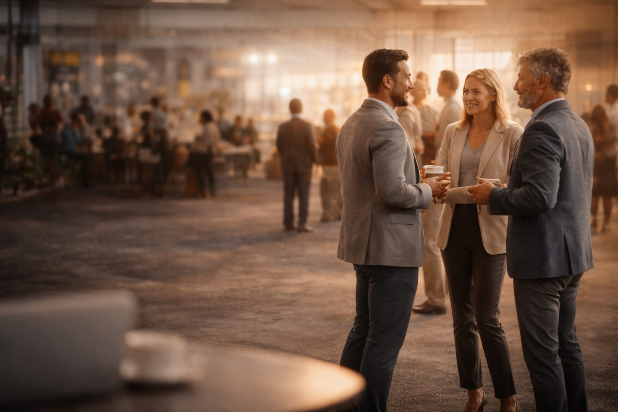 Two professionals in conversation at an event.